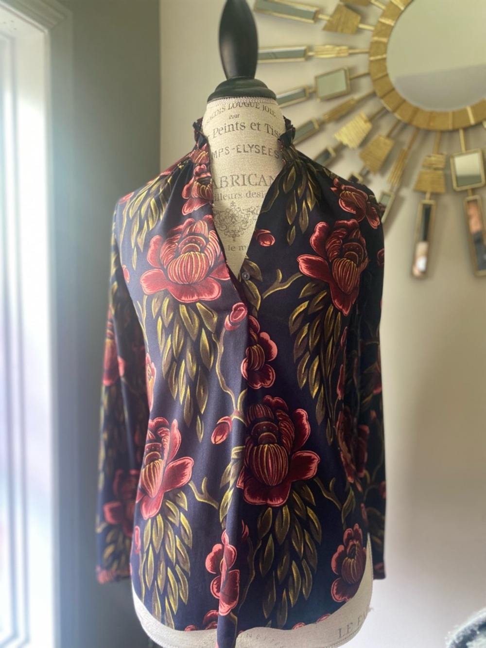 Vintage style Drapey Satin Navy,  Burgundy, Rose blooms blouse
